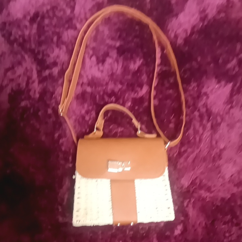 Brown and Cream Woven Crossbody Satchel